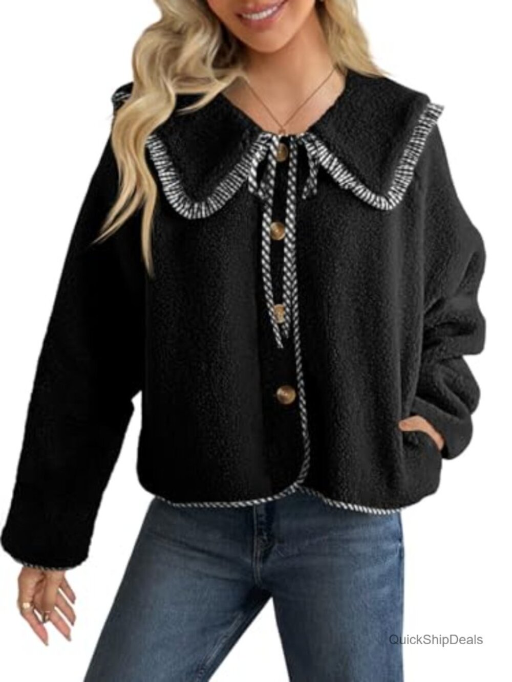 Fuzzy Fleece Sherpa Jacket Peter Pan Collar Button Winter Coat